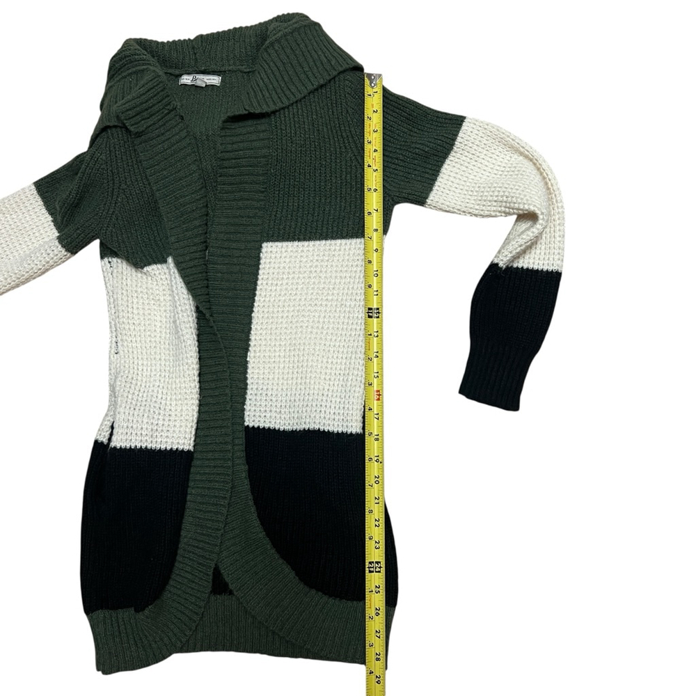 Bass Women’s Hooded Open Front Cardigan Sweater Green Cream Black Striped Size M - Picture 9 of 10